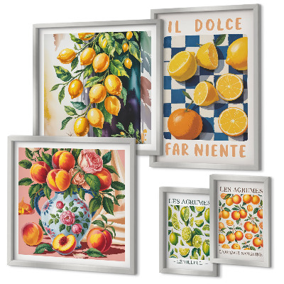 Conjunto de 5 quadros com moldura Cítricos retrô na cozinha