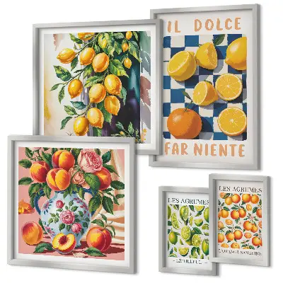 Conjunto de 5 quadros com moldura cítricos retrô para cozinha