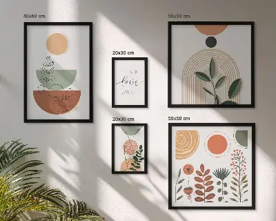 Parede galeria de quadros com estampas geométricas e botânicas elegantes