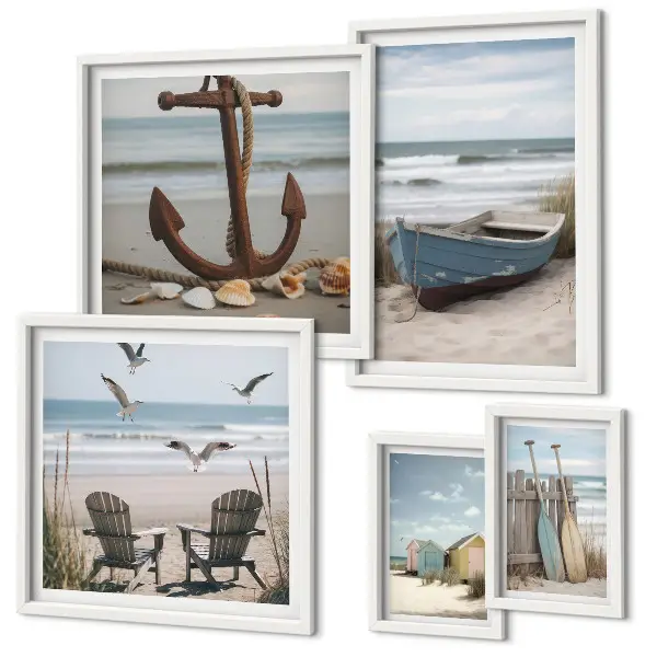 Galeria de parede tema de ambiente à beira-mar com foco em relaxamento e praia