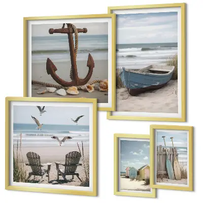 Galeria de parede tema de ambiente à beira-mar com foco em relaxamento e praia