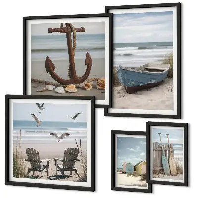 Galeria de parede tema de ambiente à beira-mar com foco em relaxamento e praia