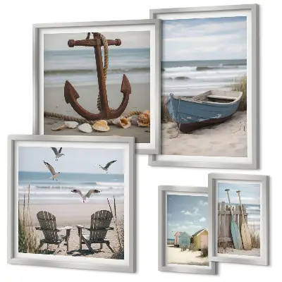 Galeria de parede tema de ambiente à beira-mar com foco em relaxamento e praia