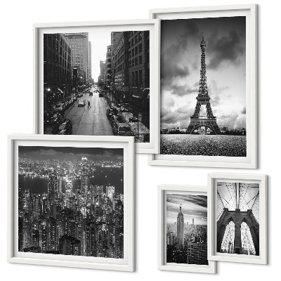 Parede galeria de quadros ícones arquitetônicos em preto e branco