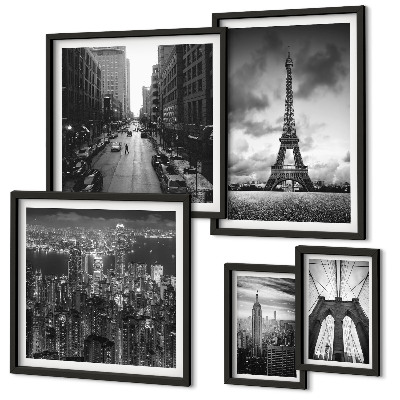 Parede galeria de quadros ícones arquitetônicos em preto e branco