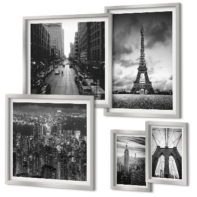 Parede galeria de quadros ícones arquitetônicos em preto e branco