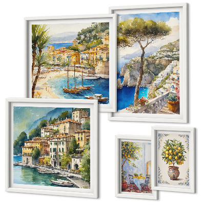 Conjunto de 5 quadros com moldura Cidades litorâneas elegantes