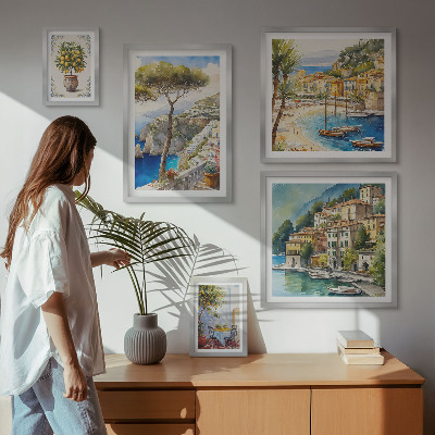Conjunto de 5 quadros com moldura Cidades litorâneas elegantes