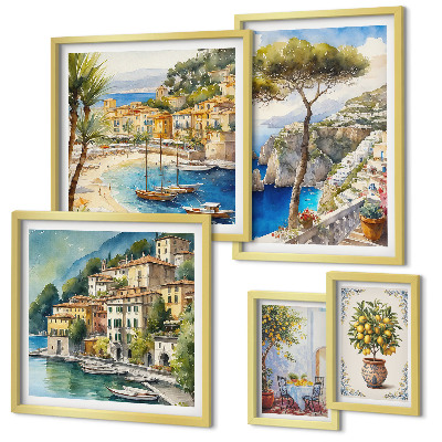 Conjunto de 5 quadros com moldura Cidades litorâneas elegantes