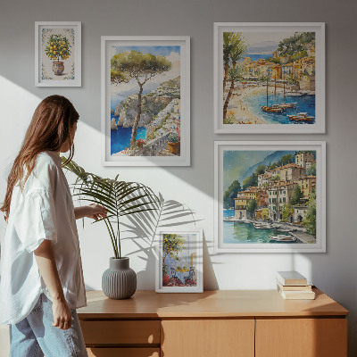 Conjunto de 5 quadros com moldura Cidades litorâneas elegantes