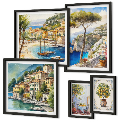 Conjunto de 5 quadros com moldura Cidades litorâneas elegantes