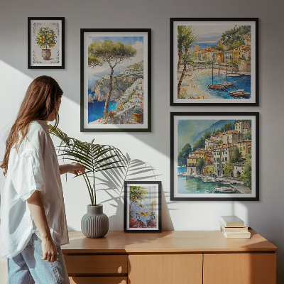 Conjunto de 5 quadros com moldura Cidades litorâneas elegantes