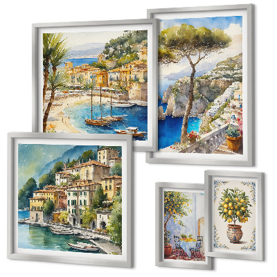 Conjunto de 5 quadros com moldura Cidades litorâneas elegantes