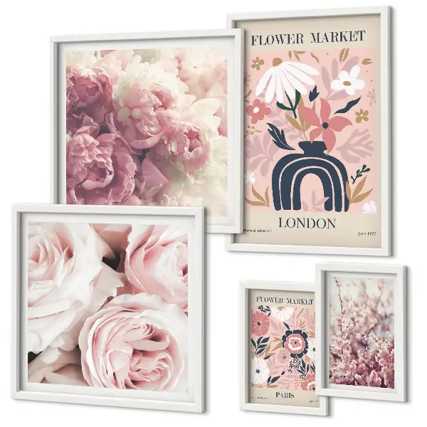 Conjunto de 5 quadros com moldura com estampas de decorações florais boho