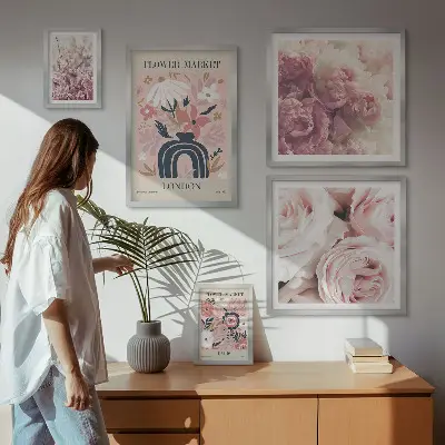 Conjunto de 5 quadros com moldura com estampas de decorações florais boho