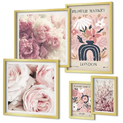 Conjunto de 5 quadros com moldura com estampas de decorações florais boho