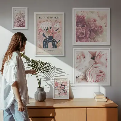 Conjunto de 5 quadros com moldura com estampas de decorações florais boho