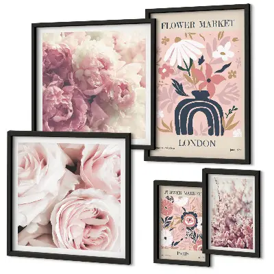 Conjunto de 5 quadros com moldura com estampas de decorações florais boho