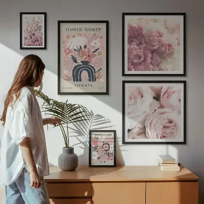 Conjunto de 5 quadros com moldura com estampas de decorações florais boho