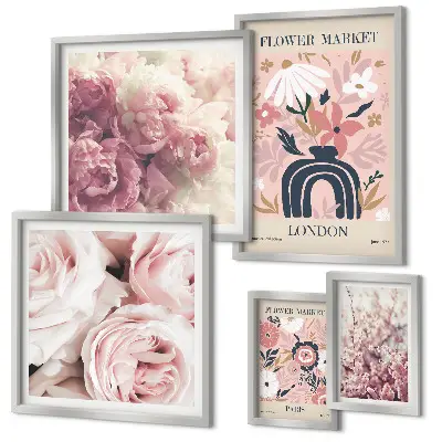Conjunto de 5 quadros com moldura com estampas de decorações florais boho