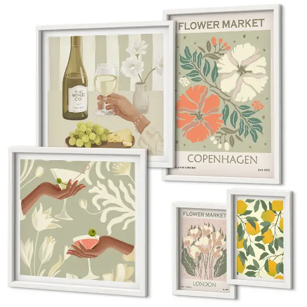 Conjunto de 5 quadros decorativos com estampa de flores e frutas em estilo vintage