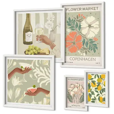 Conjunto de 5 quadros decorativos com estampa de flores e frutas em estilo vintage