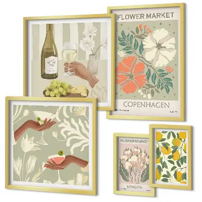 Conjunto de 5 quadros decorativos com estampa de flores e frutas em estilo vintage