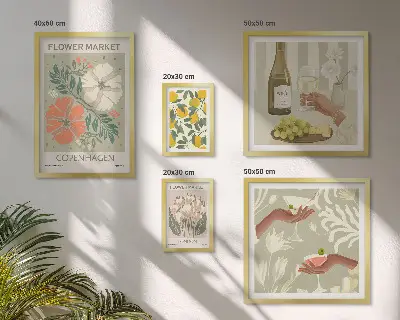 Conjunto de 5 quadros decorativos com estampa de flores e frutas em estilo vintage