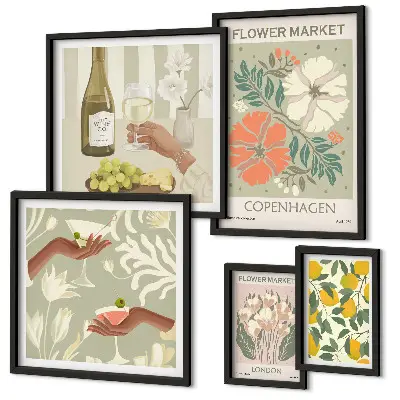 Conjunto de 5 quadros decorativos com estampa de flores e frutas em estilo vintage