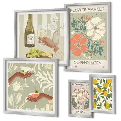 Conjunto de 5 quadros decorativos com estampa de flores e frutas em estilo vintage