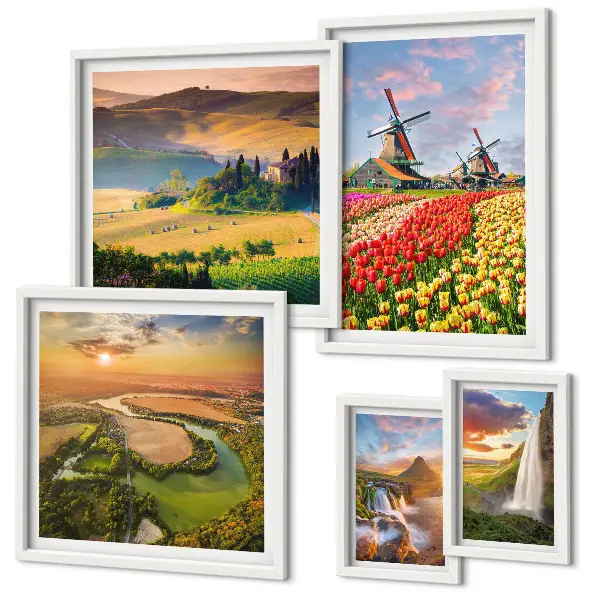 Conjunto de 5 quadros decorativos com paisagens naturais de cachoeiras e moinhos de vento