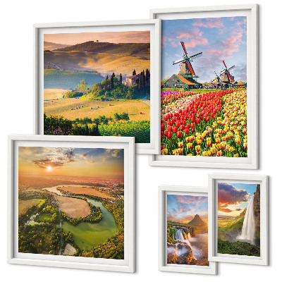 Conjunto de 5 quadros decorativos Paisagens naturais, cachoeiras, moinhos de vento