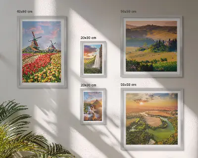 Conjunto de 5 quadros decorativos com paisagens naturais de cachoeiras e moinhos de vento