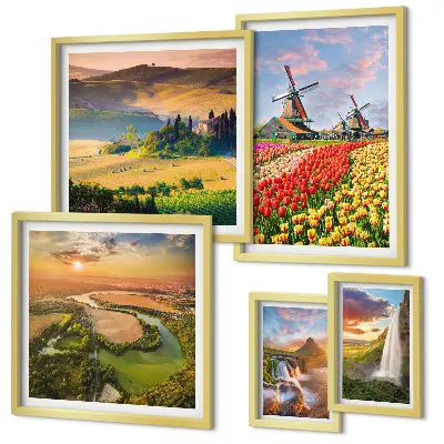 Conjunto de 5 quadros decorativos com paisagens naturais de cachoeiras e moinhos de vento