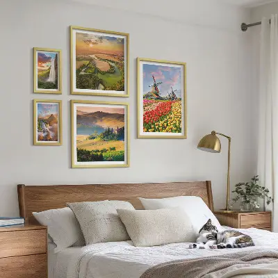 Conjunto de 5 quadros decorativos com paisagens naturais de cachoeiras e moinhos de vento