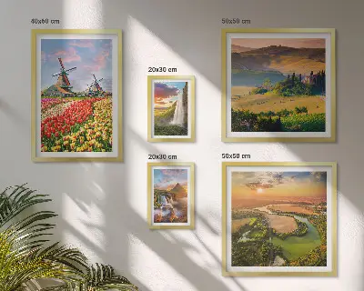 Conjunto de 5 quadros decorativos com paisagens naturais de cachoeiras e moinhos de vento