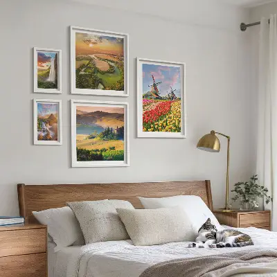 Conjunto de 5 quadros decorativos com paisagens naturais de cachoeiras e moinhos de vento