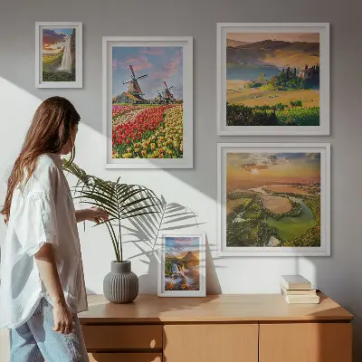Conjunto de 5 quadros decorativos com paisagens naturais de cachoeiras e moinhos de vento