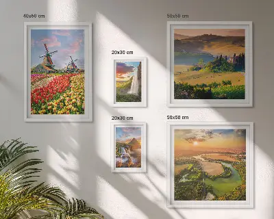 Conjunto de 5 quadros decorativos com paisagens naturais de cachoeiras e moinhos de vento