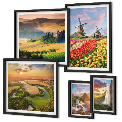 Conjunto de 5 quadros decorativos com paisagens naturais de cachoeiras e moinhos de vento