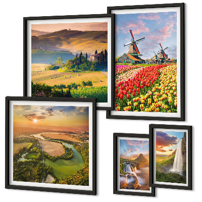 Conjunto de 5 quadros decorativos Paisagens naturais, cachoeiras, moinhos de vento