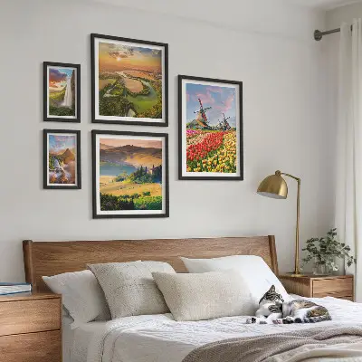 Conjunto de 5 quadros decorativos com paisagens naturais de cachoeiras e moinhos de vento