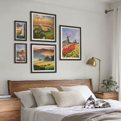 Conjunto de 5 quadros decorativos Paisagens naturais, cachoeiras, moinhos de vento