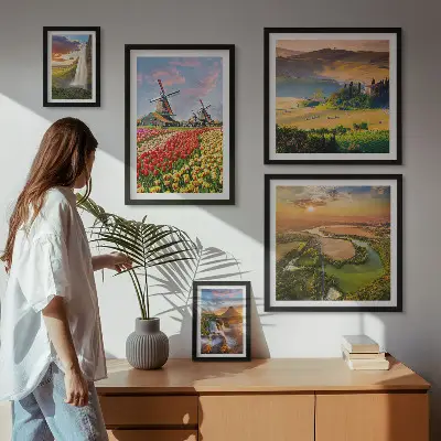 Conjunto de 5 quadros decorativos com paisagens naturais de cachoeiras e moinhos de vento