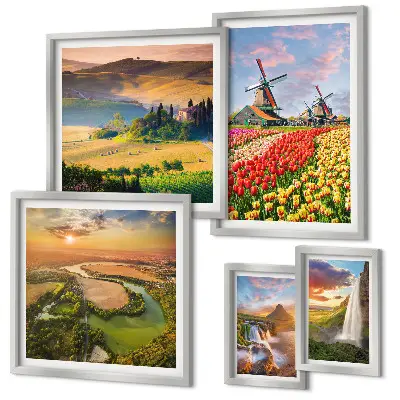 Conjunto de 5 quadros decorativos com paisagens naturais de cachoeiras e moinhos de vento
