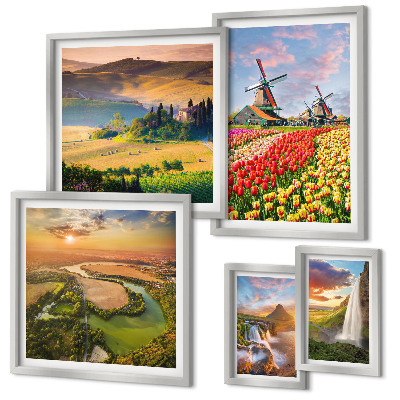 Conjunto de 5 quadros decorativos Paisagens naturais, cachoeiras, moinhos de vento