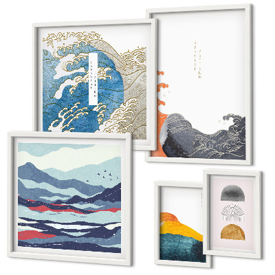 Conjunto de 5 quadros com moldura Decorações de montanhas com ondas em estilo japonês