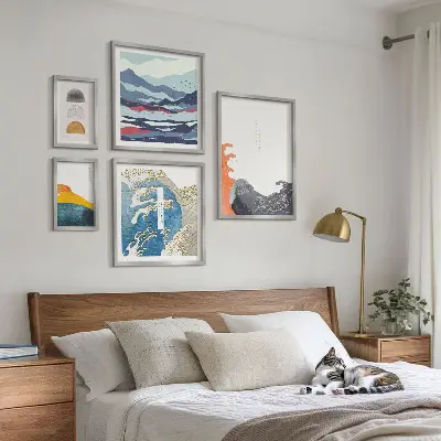 Conjunto de 5 quadros com moldura com decoração de montanhas e ondas em estilo japonês