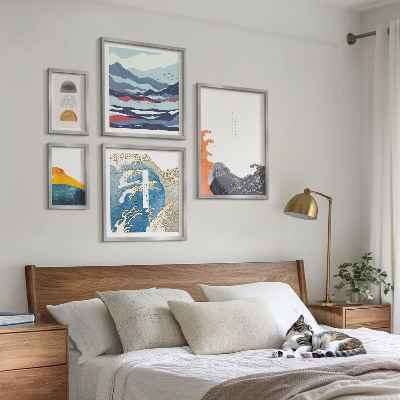 Conjunto de 5 quadros com moldura Decorações de montanhas com ondas em estilo japonês