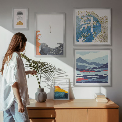 Conjunto de 5 quadros com moldura Decorações de montanhas com ondas em estilo japonês